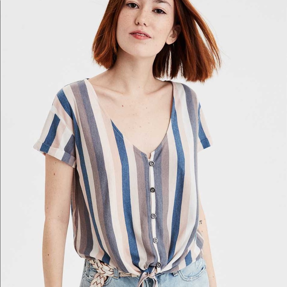 American Eagle Striped Roll Sleeve Tie Front Tee